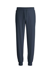 Marineblauwe sportbroek gemaakt van zachte stof, met een elastische tailleband en boorden, voorzien van een trekkoord en subtiele stikseldetails.