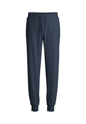 Navy blue track pants made of smooth fabric, featuring an elastic waistband and cuffs, with a drawstring and subtle seam details.