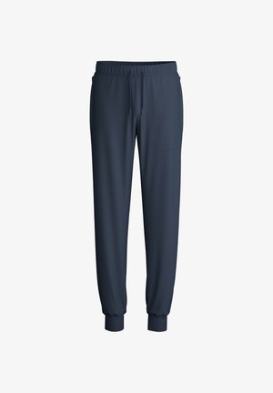 Pantalons de survêtement bleu marine en tissu lisse, dotés d'une taille élastique et de poignets avec cordon de serrage et détails subtils de couture.