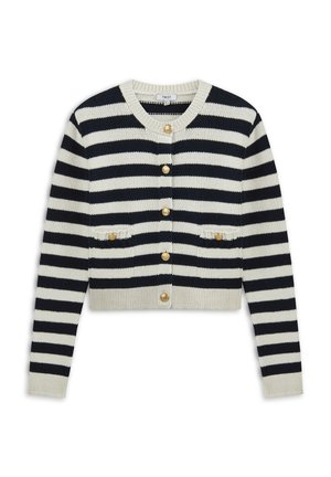 Navy- und cremefarbener gestreifter Cardigan mit goldenen Knöpfen, Rippbündchen und zwei Fronttaschen, aus strukturiertem Strickstoff gefertigt.