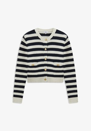 Cardigan a righe navy e crema con bottoni dorati, polsini a coste e due tasche frontali, realizzato in tessuto a maglia testurizzato.