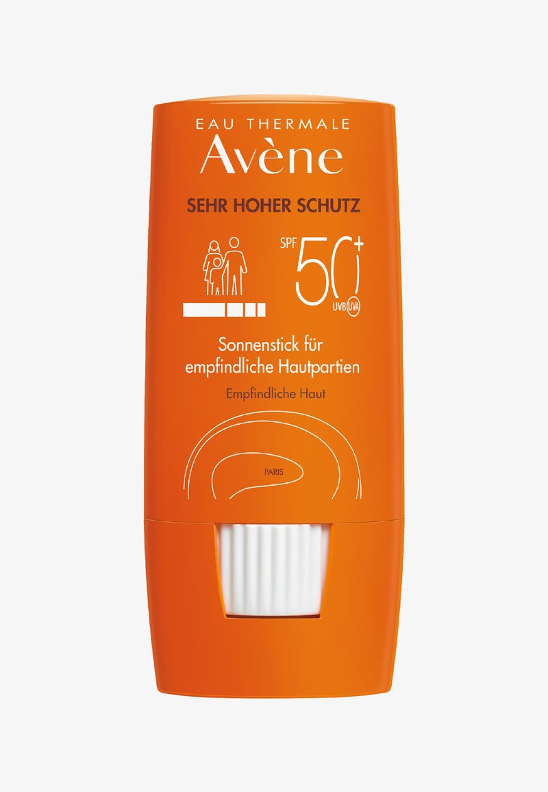 Avene sunscreen stick in bright orange packaging. Features SPF 50+, textured white bottom, and minimalistic design with simple graphics.