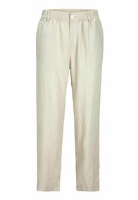 Lichtbeige linnen broek met een losse pasvorm, voorzien van een elastische tailleband en een knoopsluiting aan de voorkant. Rechte pijp met subtiele textuur.