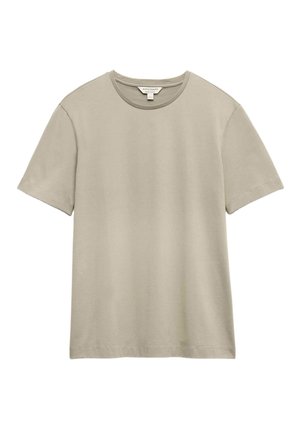 Beige kurzärmeliges T-Shirt aus Baumwolle mit Rundhalsausschnitt und einem Etikett mit der Aufschrift "Autograph" am Halsausschnitt.