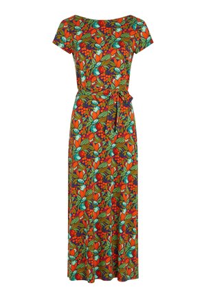 Abito lungo floreale con motivo multicolore vibrante, fiori rossi, foglie turchesi e vita con cintura. Realizzato in tessuto leggero.