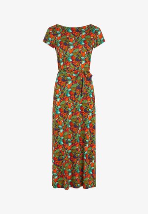 Maxikleid mit einem lebendigen, mehrfarbigen Muster aus roten Blumen, türkisfarbenen Blättern und einem taillierten Gürtel. Hergestellt aus leichtem Stoff.