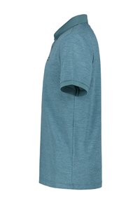Teal t-paita tekstuurilla, lyhyt hiha ja yhteensopiva kaulus. Rinnassa on huomaamaton brändilogot.