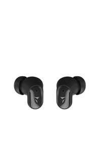 Cuffie wireless nere con un design arrotondato, finitura in plastica liscia e un accento lucido sulla scocca esterna con il logo.