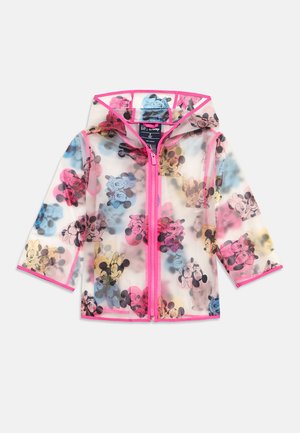 Chubasquero translúcido para niños con ribete rosa, cremallera y estampado multicolor de caras de Mickey y Minnie Mouse, con capucha y mangas largas.
