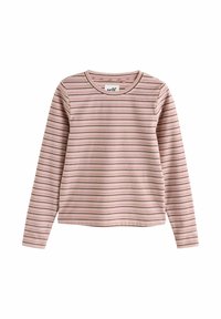 Cămașă roz cu mâneci lungi, dungi orizontale albe și maro, decolteu rotund și logo mic brodat pe manșeta mânecii stângi.