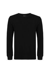 Schwarzes Langarm-T-Shirt aus geripptem Material, mit Rundhalsausschnitt und eng anliegenden Bündchen, mit glatter Textur und ohne sichtbare Muster.