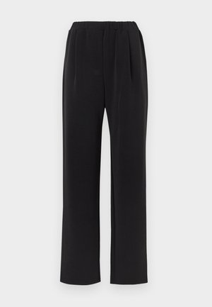 Black, wide-leg pants made of soft fabric, featuring an elastic waistband and front pleats for a relaxed fit.