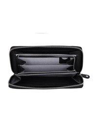 Black zippered wallet open to show multiple card slots, compartments, and a striped fabric interior lining.