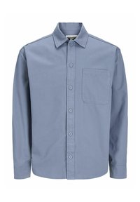 Chemise à manches longues en tissu coton bleu clair, dotée d'un col pointu, d'une poche poitrine et d'une fermeture à boutons classique.