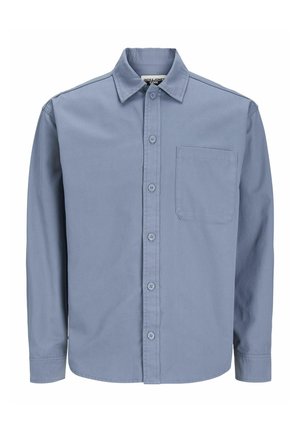 Chemise à manches longues en tissu coton bleu clair, dotée d'un col pointu, d'une poche poitrine et d'une fermeture à boutons classique.