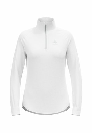 Witte sporttop met lange mouwen, een kwart rits en een hoge kraag, met een klein logo op de linkerborst.