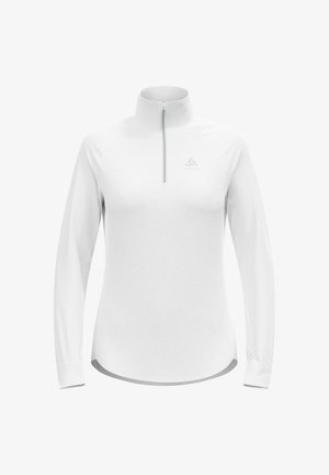 Witte sporttop met lange mouwen, een kwart rits en een hoge kraag, met een klein logo op de linkerborst.