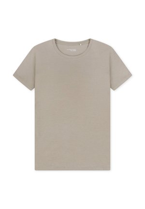 Light beige, short-sleeve t-shirt with a round neckline. Made of a smooth, soft fabric; features a simple design with no patterns or accents.