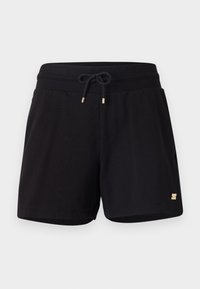 Pantalones cortos de algodón negros con cintura elástica, cordón ajustable y detalles dorados. Cuenta con bolsillos laterales y una textura suave.
