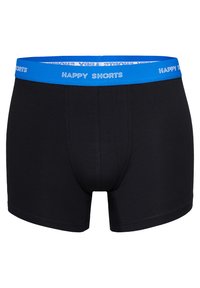 Zwarte boxershorts met een blauwe elastische tailleband. De tailleband heeft witte tekst "HAPPY SHORTS" en heeft een gladde, zachte textuur.