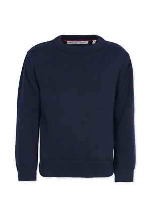 Mørkeblå strikket sweater med rund halsudskæring, lange ærmer og ribbede manchetter og nederkant. Strukturen i stoffet er ensfarvet uden mønstre eller accenter.
