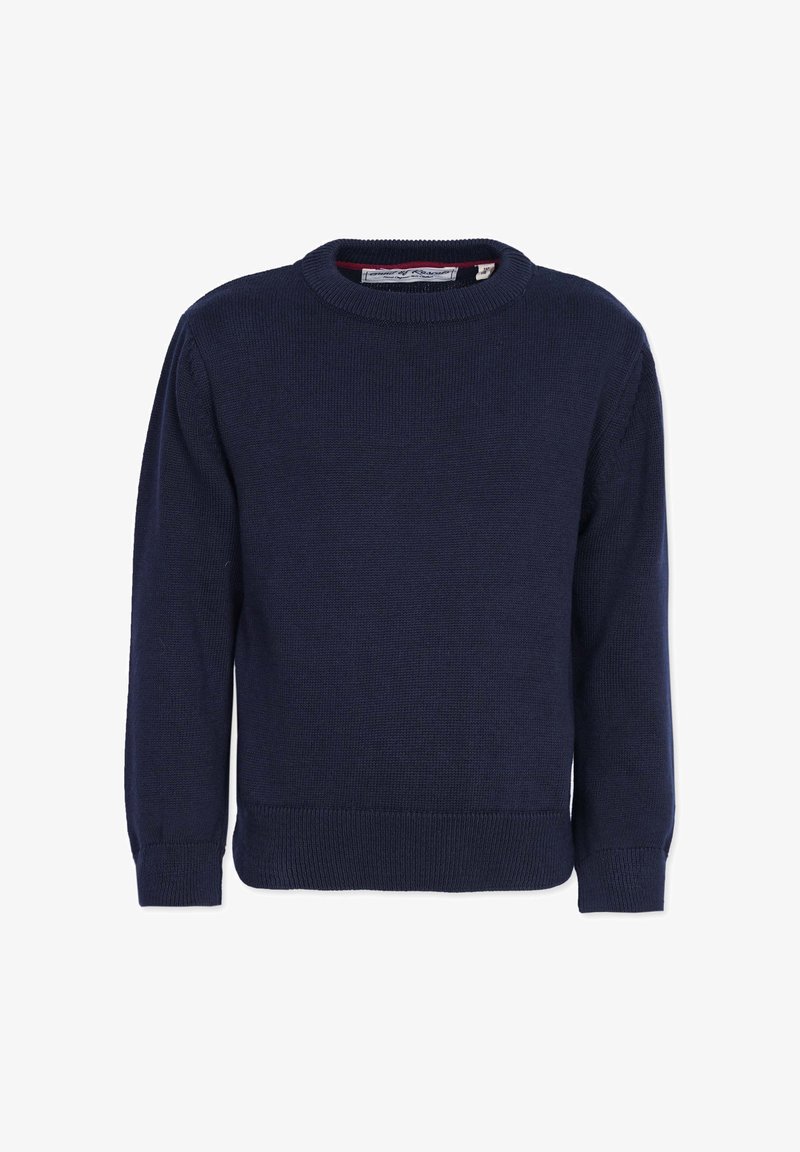 Marineblauer Strickpullover mit rundem Ausschnitt, langen Ärmeln und gerippten Bündchen und Saum. Strukturierter Stoff ohne Muster oder Akzente.