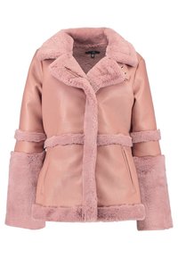Růžová bunda z umělé kůže s plyšovou, texturovanou podšívkou. Má klopový límec, široké rukávy a přední kapsy na zip.
