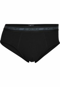 Sorte bomuldsunderbukser med en grå elastisk talje, der har "JBS UNDERWEAR" logo. Glat tekstur, tætsiddende design og klassisk brief-form.