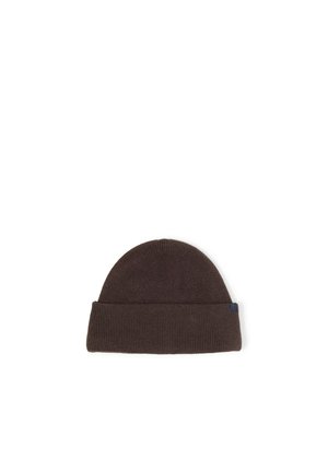 Bonnet en maille marron foncé avec un bord replié, présenté sur fond blanc.