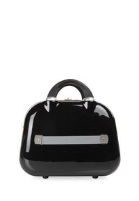 Bolso de mano negro brillante con forma redondeada, cuenta con un asa resistente, acentos de hardware plateado y una correa texturizada gris en la parte trasera.