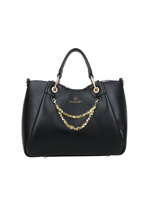 Borsa nera in pelle con due manici, occhielli dorati, catena decorativa dorata e logo Braccialini sul davanti.