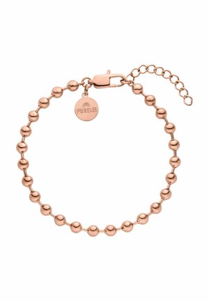 Armband aus Roségold mit sphärischen Perlen und einem Karabinerverschluss. Verfügt über eine Kettenverlängerung und einem kleinen Anhänger, der mit "PURELEI" graviert ist.
