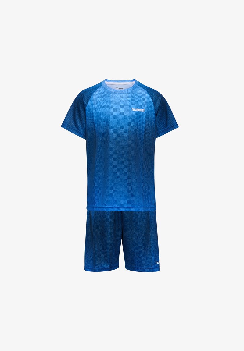 Blue short-sleeve sports shirt and matching shorts with subtle gradient pattern and white "hummel" logos on chest and shorts.