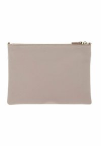 Borsa a clutch in pelle beige chiaro, forma rettangolare, texture liscia, chiusura con zip superiore, design minimalista senza loghi o dettagli visibili.