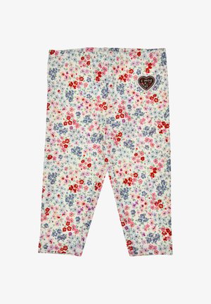Leggings aus weichem Stoff, mit einem weißen Hintergrund und bunten Blumenmustern in Rot, Pink und Lila. Inklusive eines Herz-Patches.