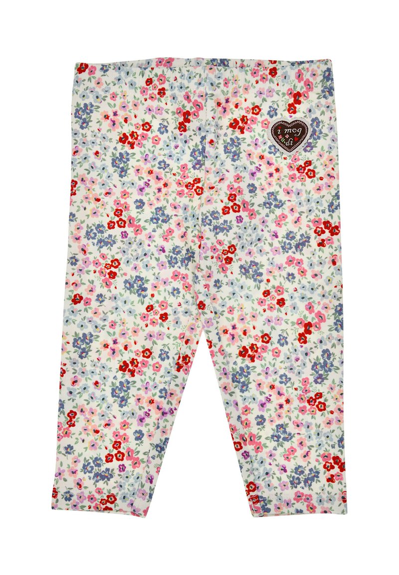 Leggings aus weichem Stoff, mit einem weißen Hintergrund und bunten Blumenmustern in Rot, Pink und Lila. Inklusive eines Herz-Patches.