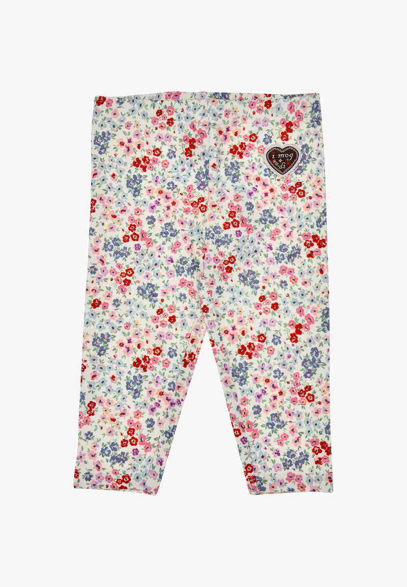 Leggings aus weichem Stoff, mit einem weißen Hintergrund und bunten Blumenmustern in Rot, Pink und Lila. Inklusive eines Herz-Patches.