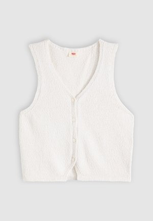 Cardigan blanc sans manches en maille avec boutons, col en V et ourlet côtelé, posé à plat sur un fond gris clair.