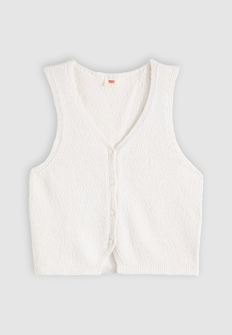 White knitted sleeveless button-up cardigan with V-neck and ribbed hem, laid flat on light gray background.