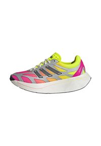 Running shoe with mesh upper featuring pink, yellow, and gray patterns. Lightweight, thick sole, and black rubber accent at the toe.
