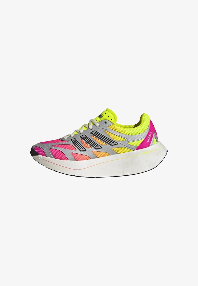 Running shoe with mesh upper featuring pink, yellow, and gray patterns. Lightweight, thick sole, and black rubber accent at the toe.