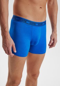 Blå bomuldsboxershorts med en sort logo-elastik i taljen og en tætsiddende pasform. Glat tekstur uden synlige mønstre eller accenter.