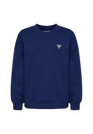 Mørkeblå crewneck-trøje med lange ærmer og en lille hvid bi-logo på venstre bryst.