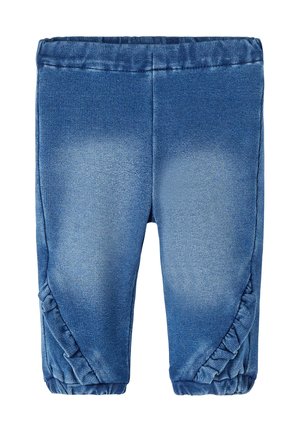 Blaue Kinderleggings mit elastischem Bund und Bündchen, mit Rüschendetails entlang der äußeren Bein-Nähte.