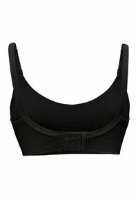 Schwarzer Sport-BH mit verstellbaren Trägern, strukturiertem Stoff und Rückenverschluss mit Druckknopf. Verfügt über glatte Cups und ein unterstützendes Design.