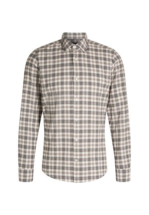 Langarm blouse met knopen in een ruitpatroon met tinten beige, bruin en blauw. Gemaakt van geweven stof met een klassieke kraag.