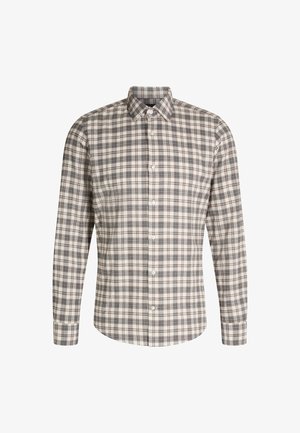 Chemise à manches longues à boutons avec un motif à carreaux dans des nuances de beige, de brun et de bleu. Fabriquée en tissu tissé avec un col classique.