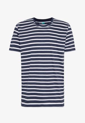 Granatowo-biały, poziomo prążkowany T-shirt z krótkim rękawem i okrągłym dekoltem, w stylu casual.