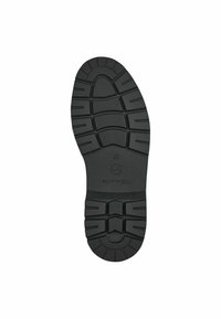 Semelle de chaussure en caoutchouc noir présentant un motif de semelle avec des rainures et des crêtes pour une meilleure adhérence. Logo central visible. Taille marquée comme 37.