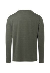 Langärmliges, Rundhals-T-Shirt in Olivgrün aus einem weichen, strukturierten Stoff mit geradem Saum und ohne sichtbare Markierungen oder Muster.